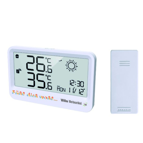 Wetterstation mit Innen- und Außenthermometer - Inkl. Digitaldruck unterhalb Display 110 x 10 mm
