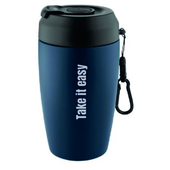 Becher "Click & Go„ - Einhand-Knopfdruck-Becher mit seitlich öffnendem Deckel - Inkl. Lasergravur
